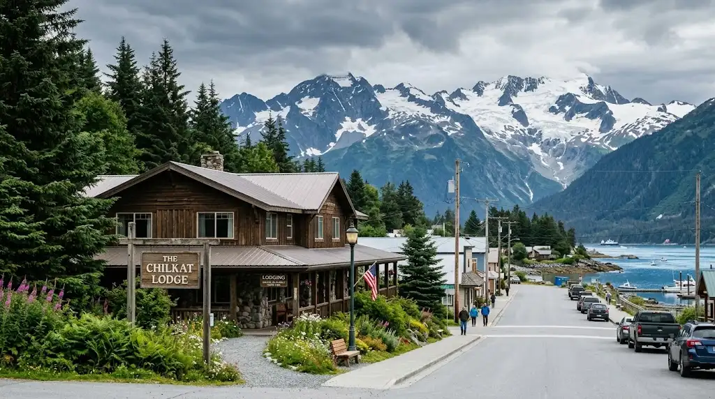 Haines Alaska hotel with Chilkat Mountains in the background