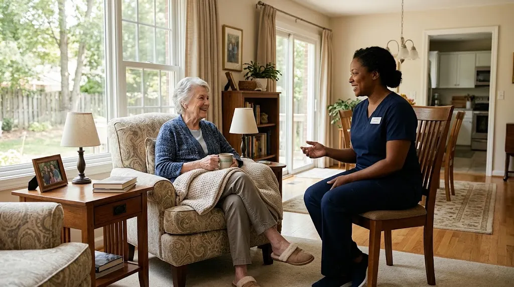 Older adult receiving compassionate support from a professional caregiver at home