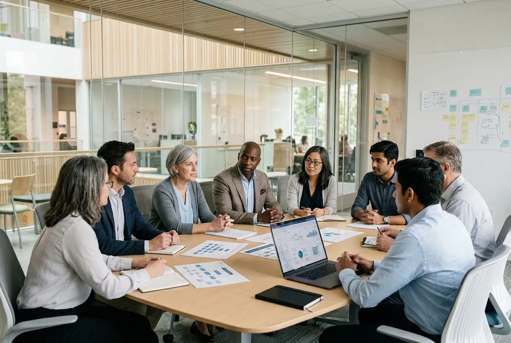 University leaders and faculty collaborating on an institutional transformation strategy