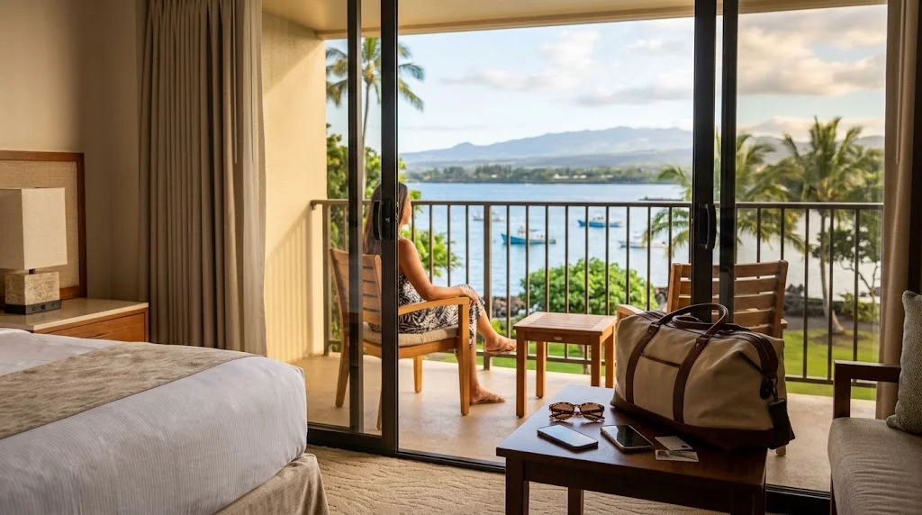 Oceanfront Hilo hotel room with a lanai overlooking Hilo Bay and local travel items