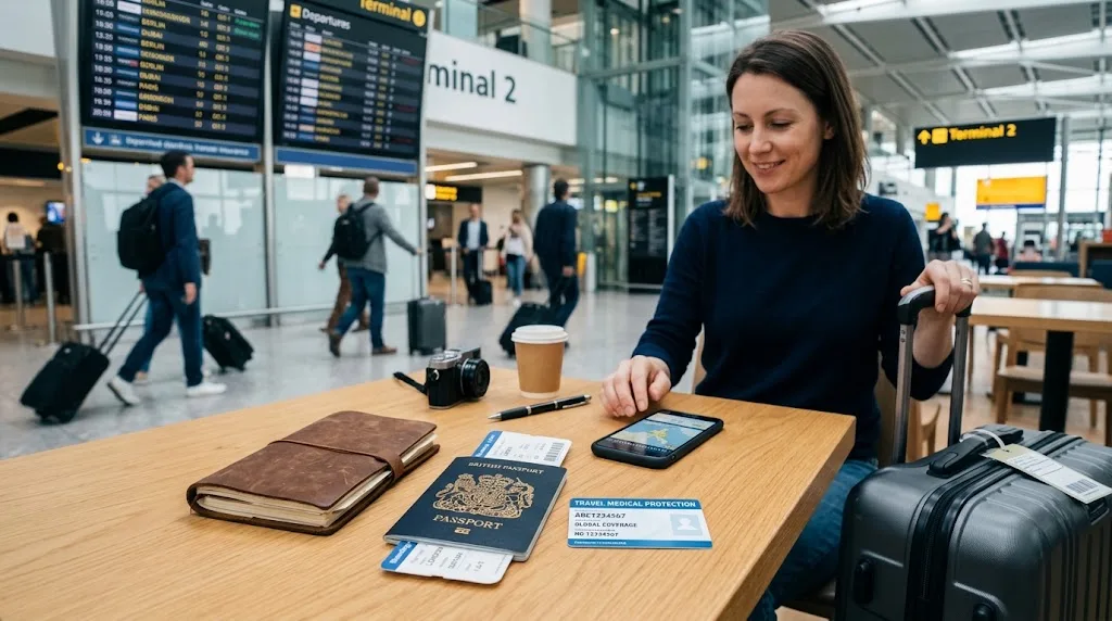 International traveler reviewing travel documents and medical insurance information beside a suitcase