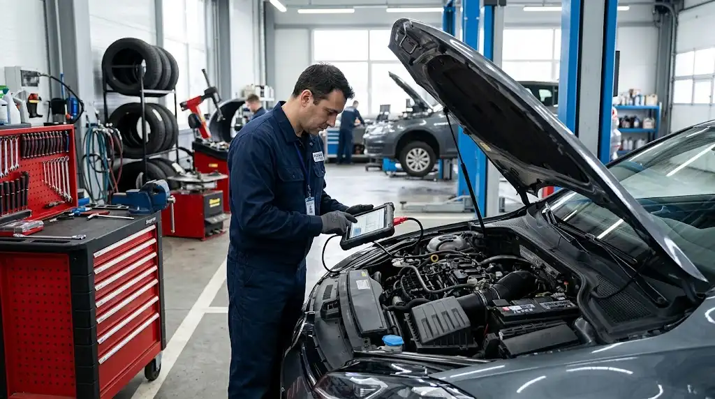 Automotive technician inspecting a vehicle during professional service