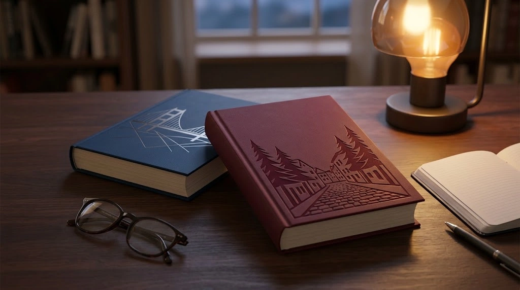 Louise Penny book releases arranged on a reading table with a notebook and lamp