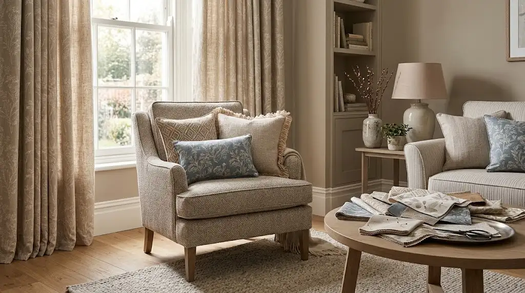 Magnolia Home Fashions-style decorative fabrics used in an elegant living room