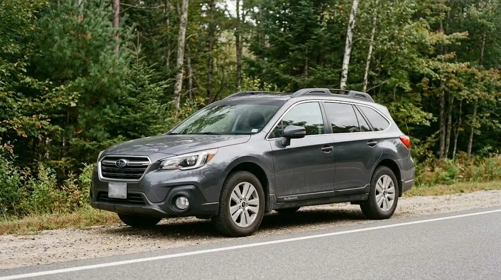 Modern car with moderate window tint parked on a wooded Maine roadside