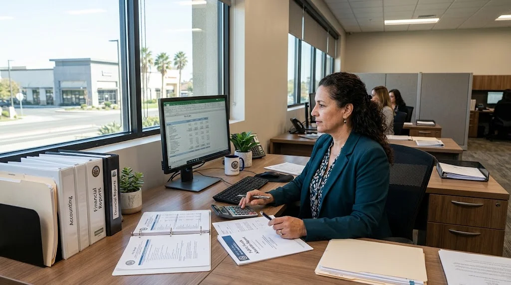 Municipal finance employee reviewing city budget documents in a government office