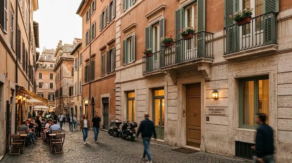 Historic boutique hotel building in Rome's Spagna district with an elegant central streetscape