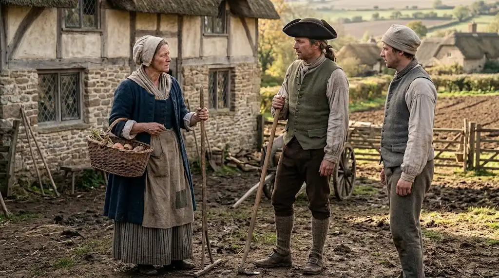 Rural villagers wearing practical 1760s clothing near an 18th-century farmhouse