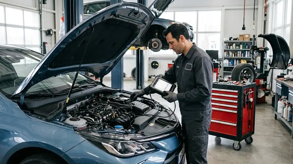 Automotive technician inspecting a vehicle during professional service