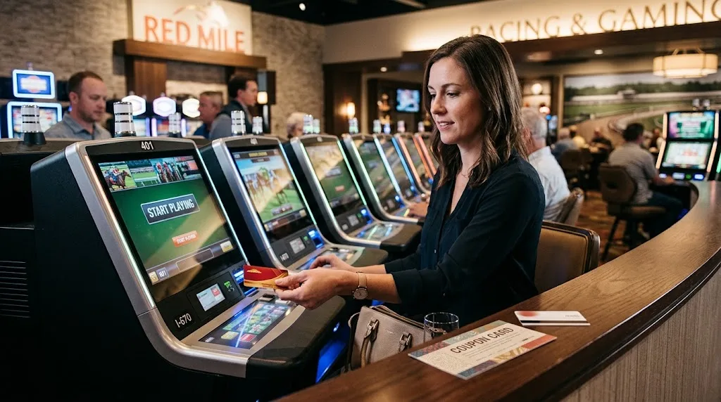 Gaming terminal and promotional reward card representing Red Mile casino offers and loyalty rewards.