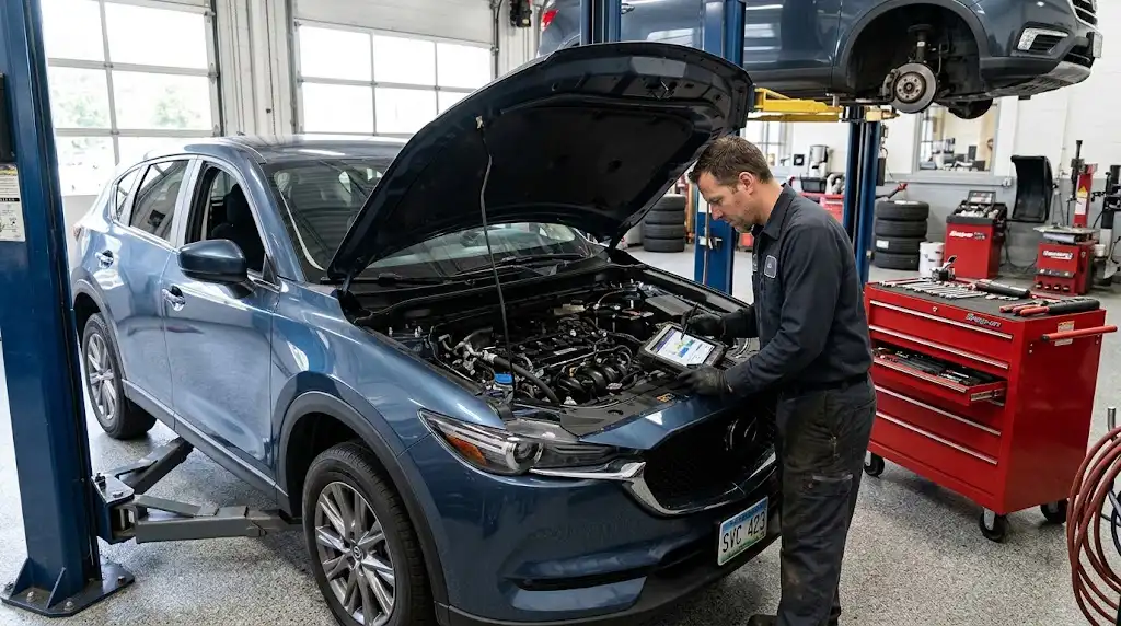 Automotive technician inspecting a passenger vehicle during professional service