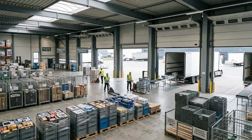 Organized warehouse with reusable pallets and logistics containers prepared for distribution