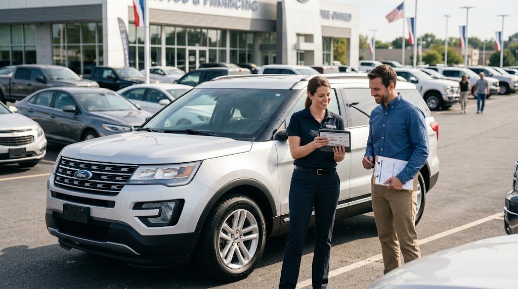 Customer discussing used car financing beside a vehicle at a dealership