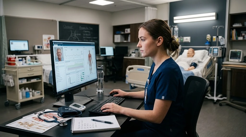 Nursing student completing a comprehensive virtual patient assessment at a computer workstation