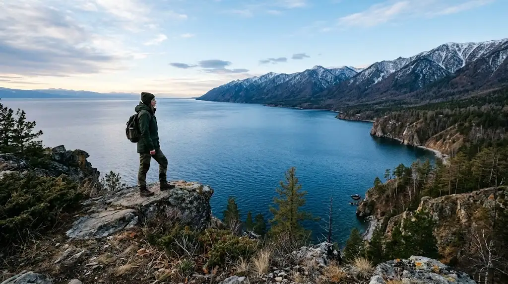 Traveler overlooking Lake Baikal and the surrounding Siberian mountain landscape