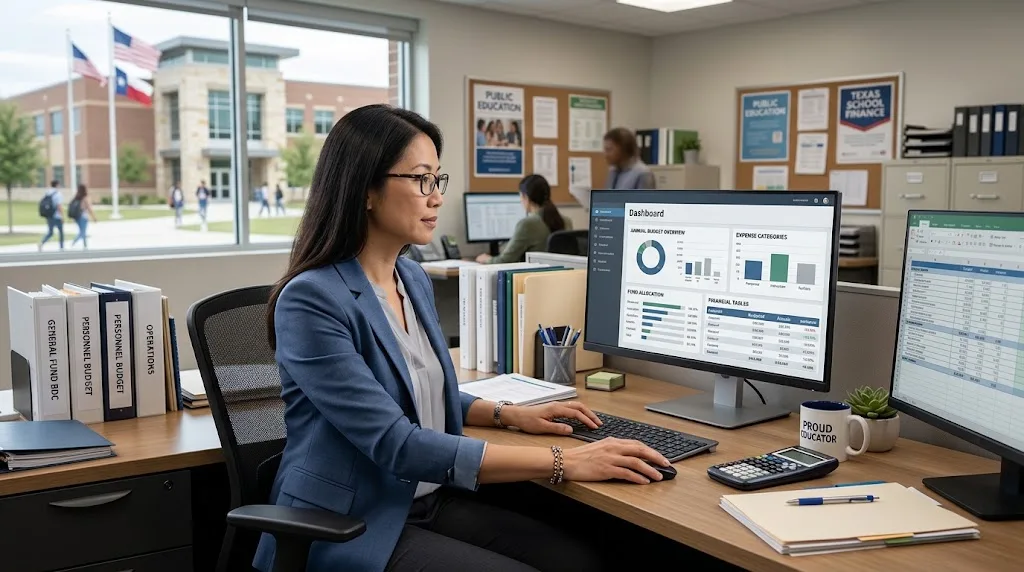 School finance administrator reviewing a digital budget dashboard in an education office