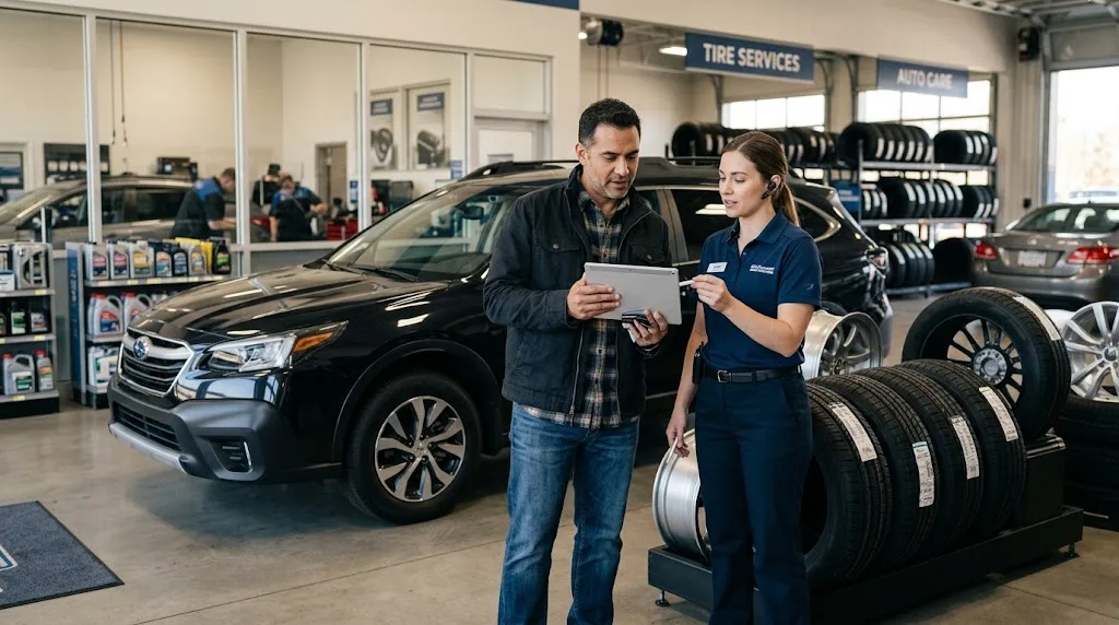 Customer discussing financing for tires and wheels at an automotive retailer