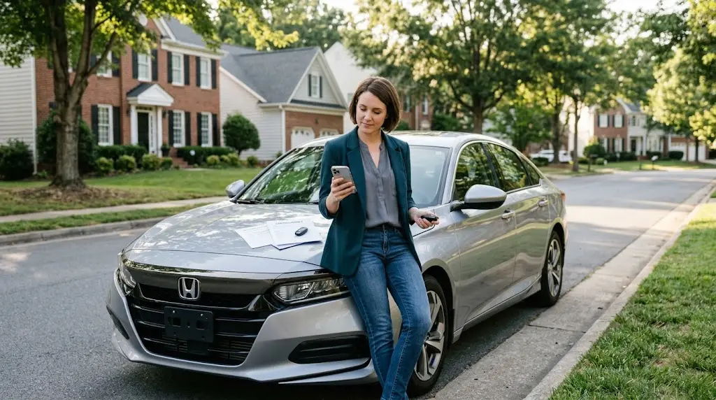 Driver reviewing auto insurance coverage beside a passenger vehicle
