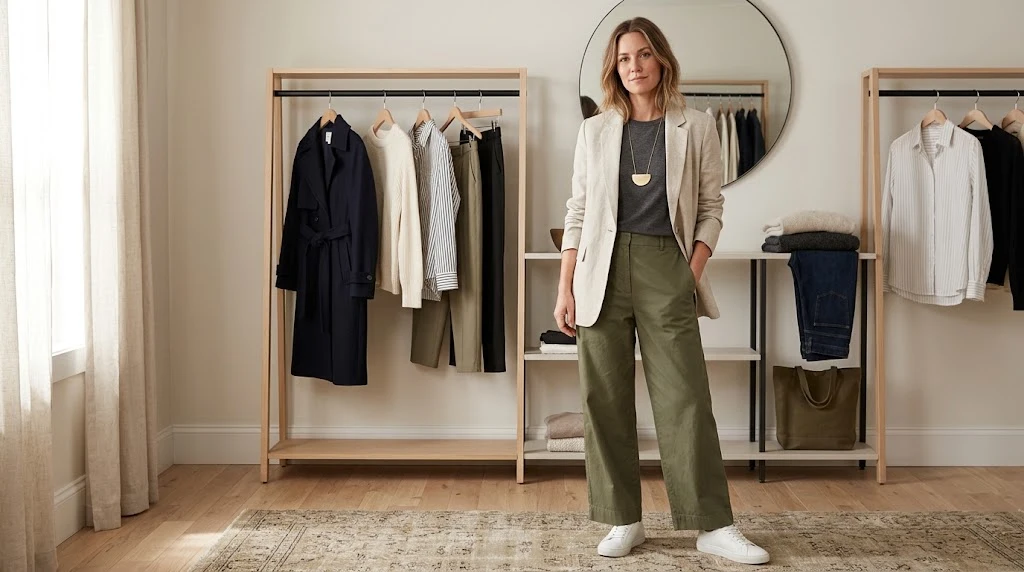 Modern outfit combining relaxed tailoring, neutral colors, and contemporary wardrobe pieces