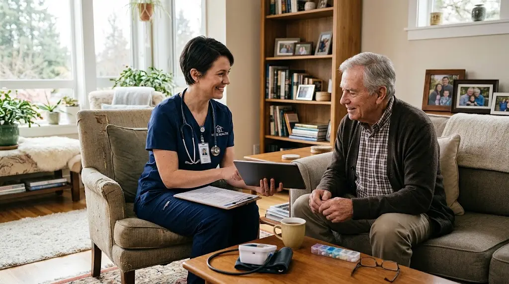 Home health nurse discussing a care plan with an adult patient in a comfortable living room