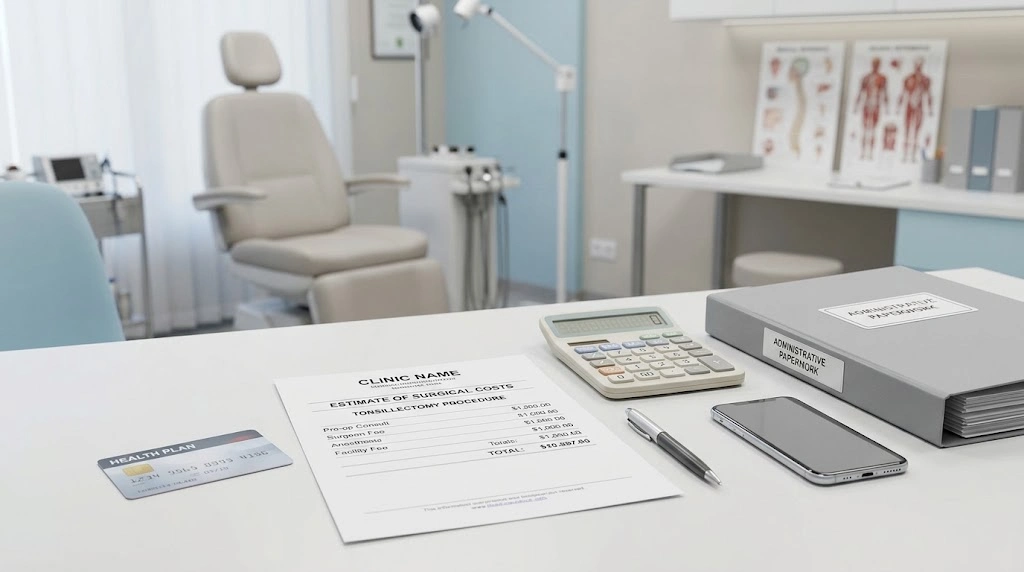 Health insurance documents and a surgical cost estimate on a medical office desk