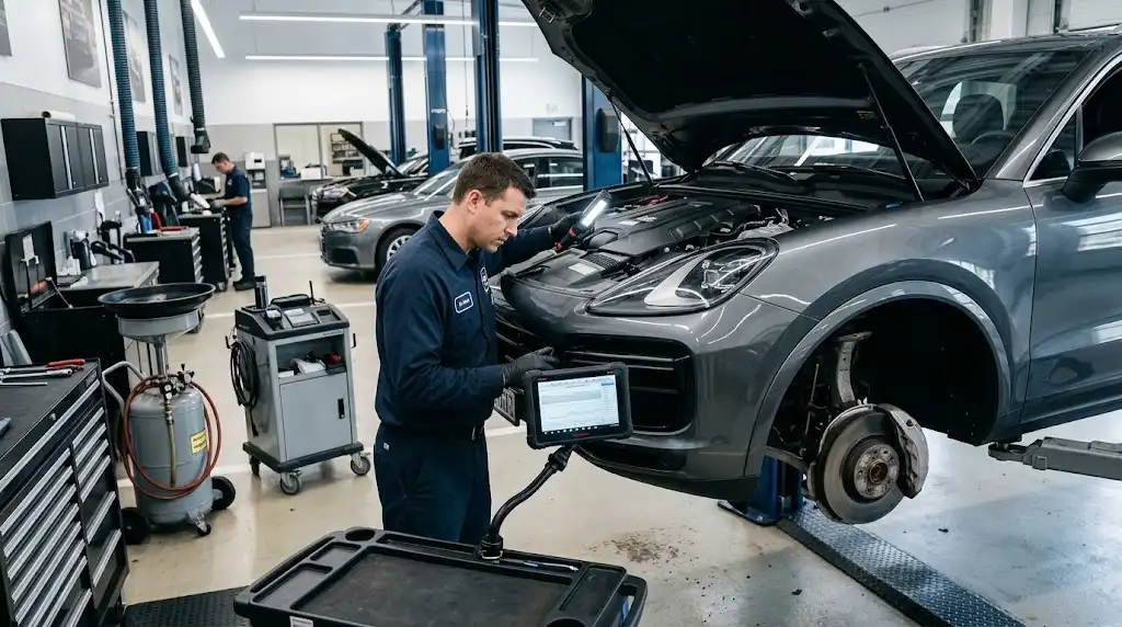 Automotive technician inspecting a vehicle during professional maintenance