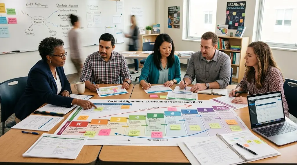Educators reviewing a curriculum progression across grade levels in a modern school setting