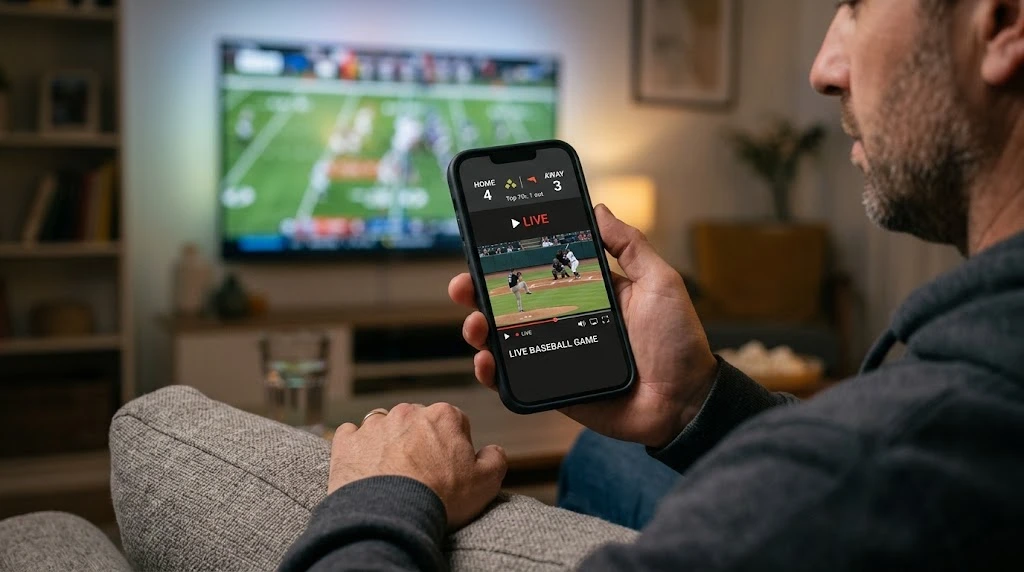 Sports fan watching a live game on a smartphone streaming interface