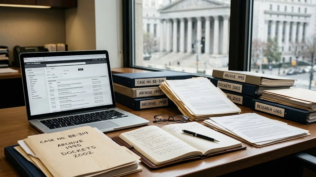 Legal case documents and research materials arranged on a professional desk with a courthouse in the background