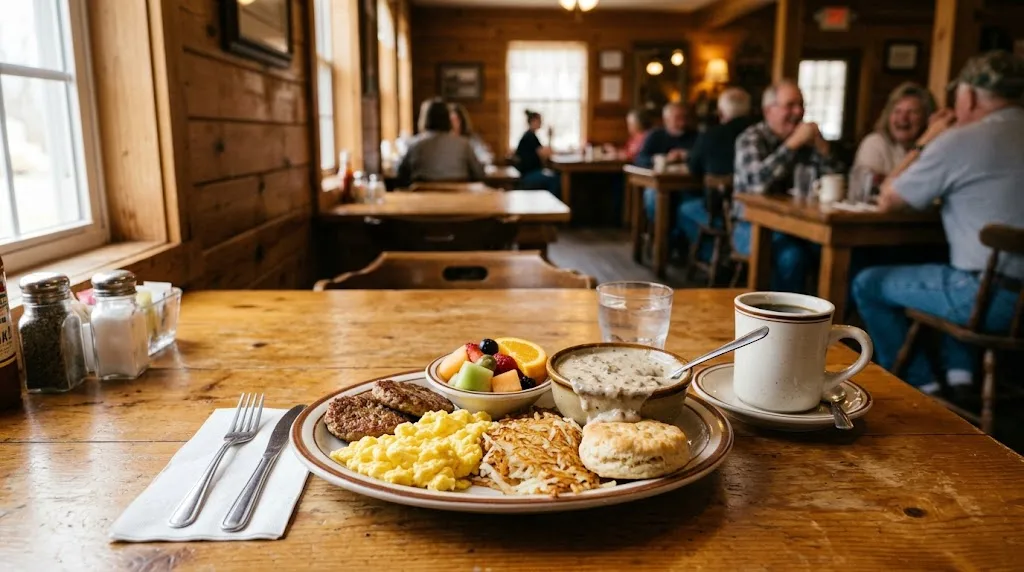 Traditional breakfast spread at a casual country-style restaurant in Greenbrier