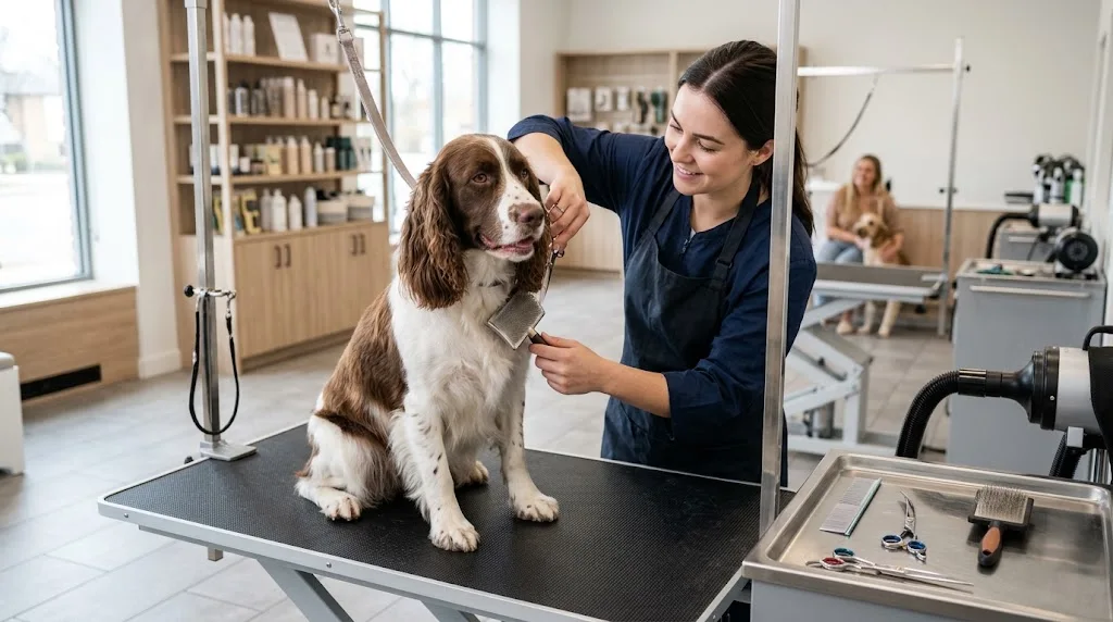 Dog receiving professional grooming and coat care in a pet grooming salon