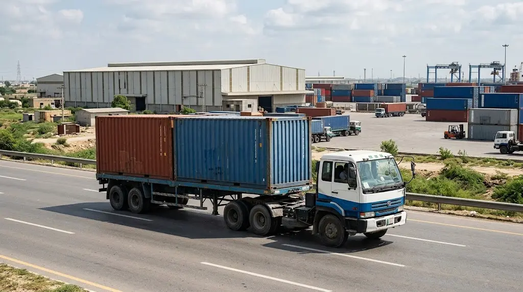 Container truck transporting commercial cargo on a Pakistani highway