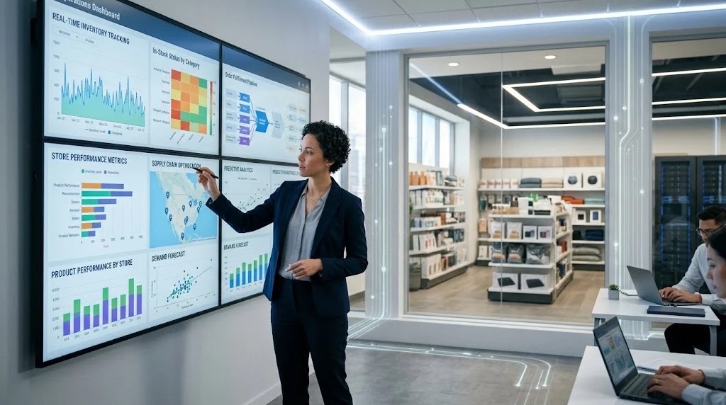 Business analyst reviewing AI-powered retail inventory and data analytics dashboards