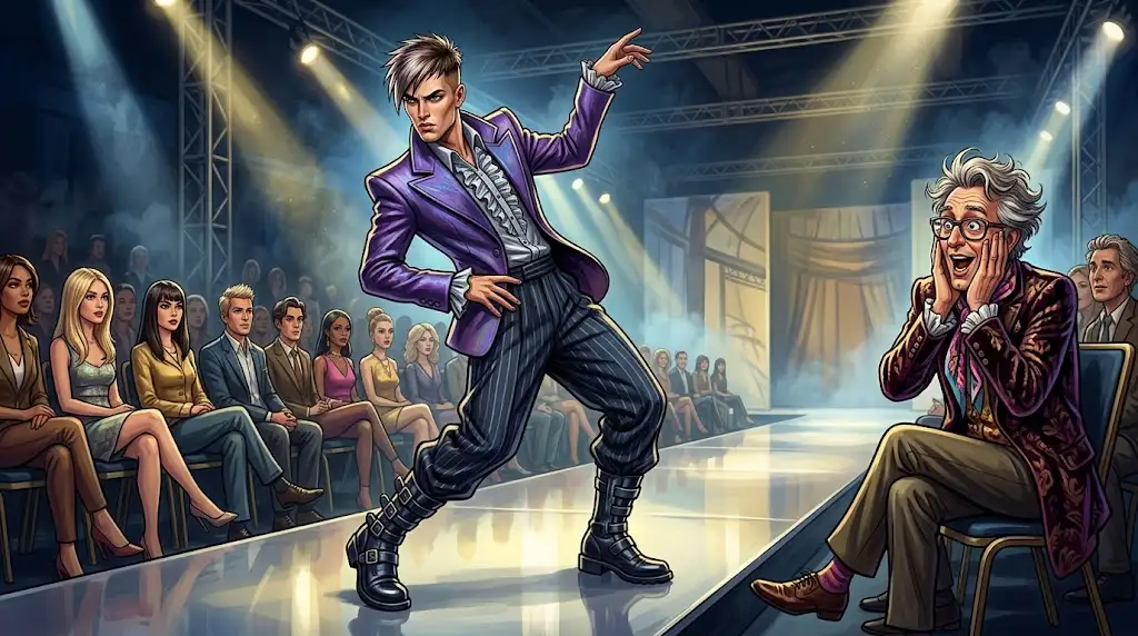 Fictional fashion model striking a dramatic pose as a fashion executive reacts with exaggerated admiration