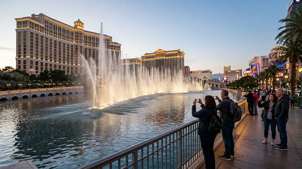 Bellagio fountains performing at dusk with visitors watching on the Las Vegas Strip