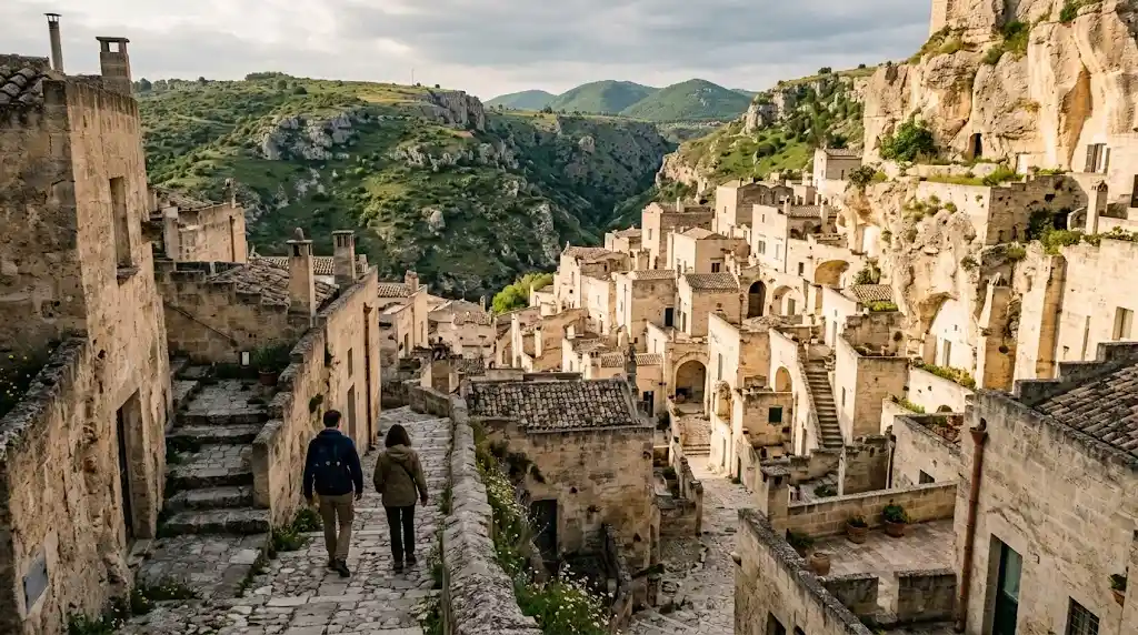 Rocky European hillside settlement with mountains and travelers exploring a scenic trail