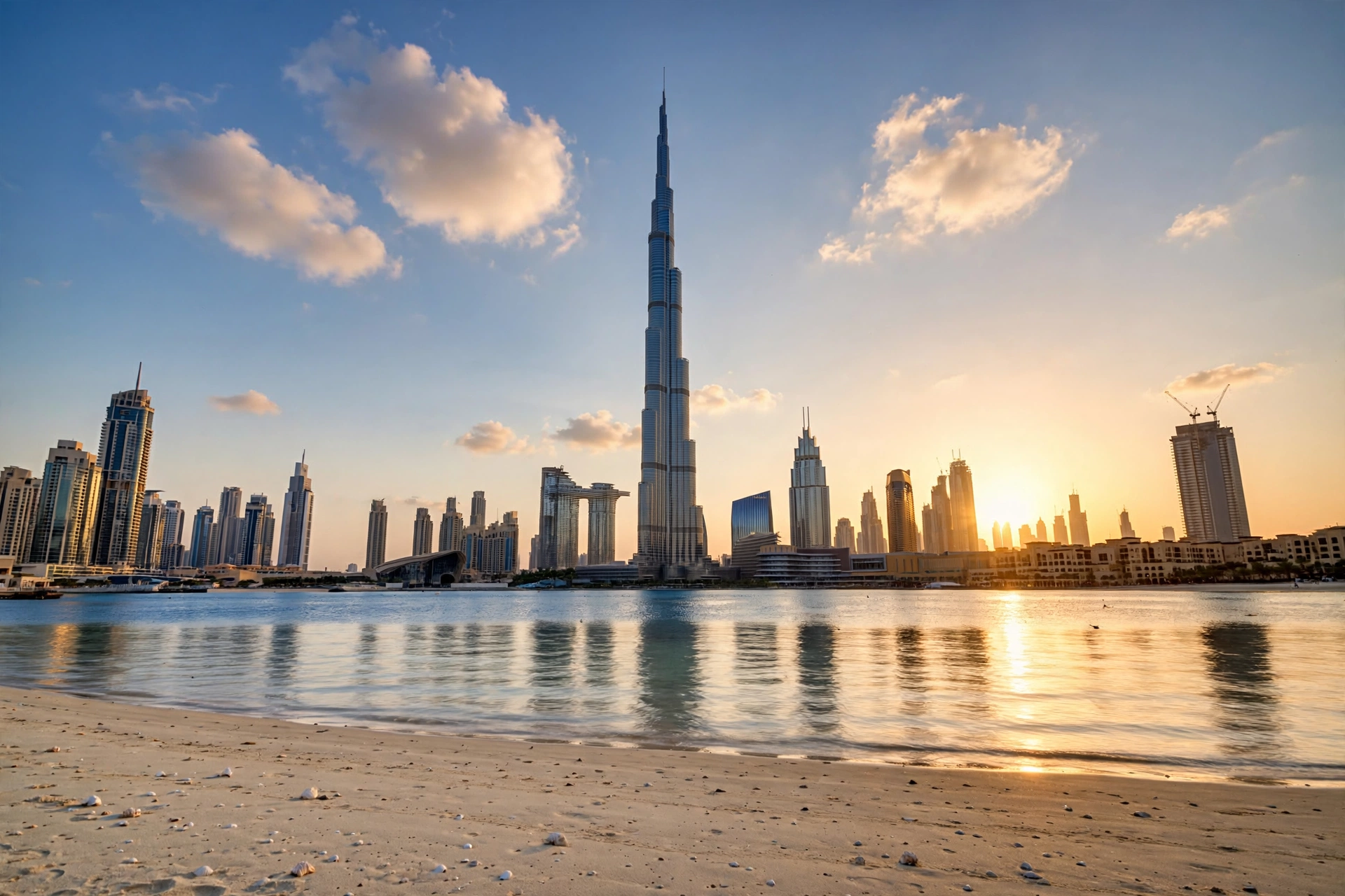 Dubai skyline and beach at sunset, the best season to visit