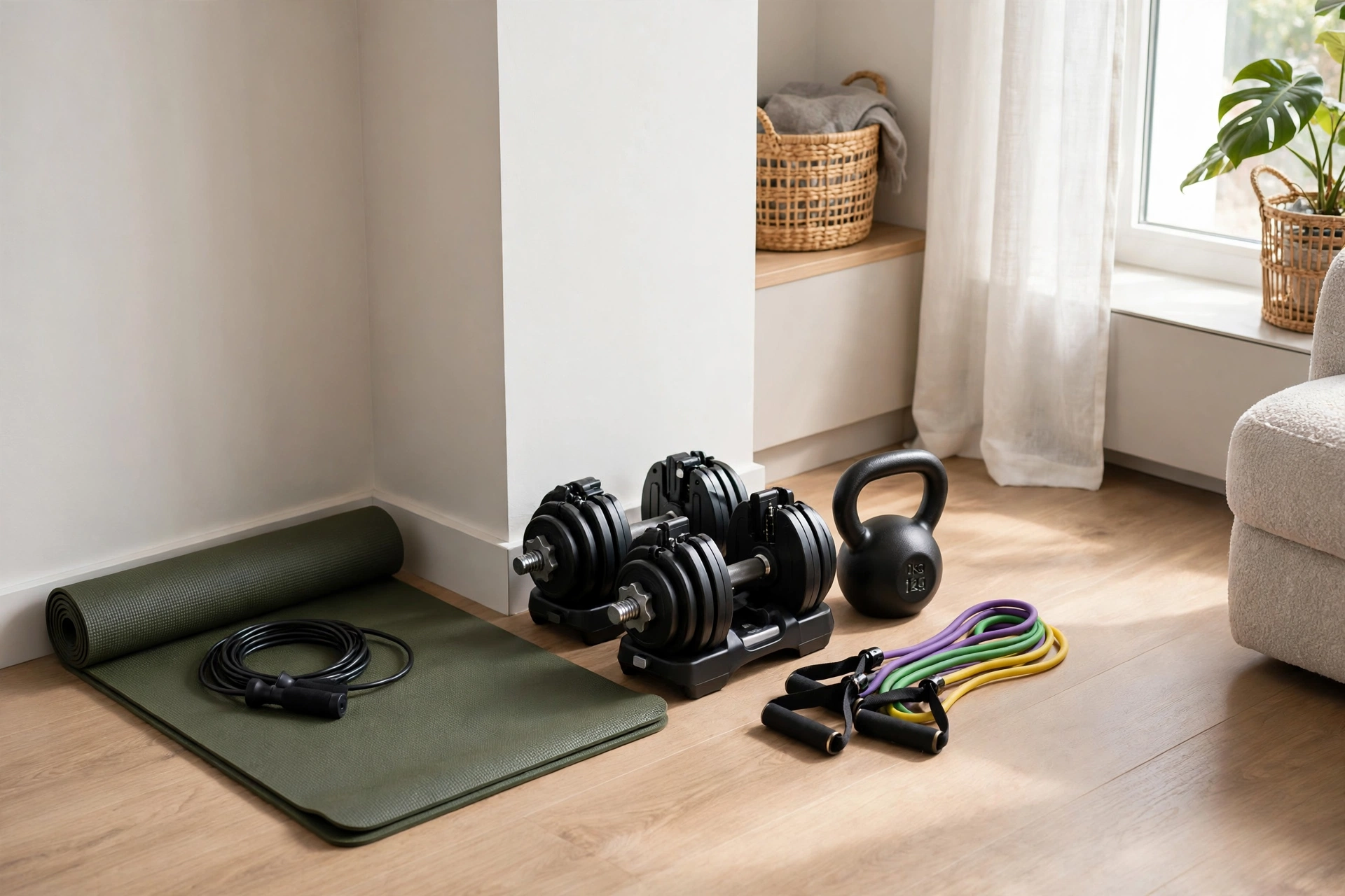Dumbbells, kettlebell and resistance bands in a budget home gym