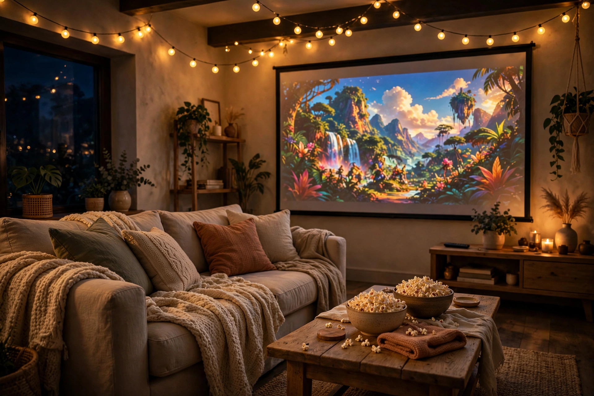 Cozy living room movie night setup with projector and popcorn
