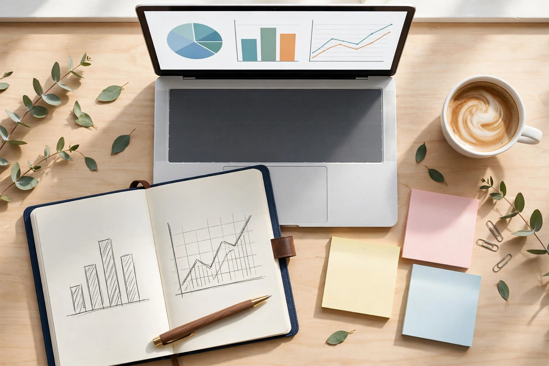Business plan notebook and laptop with charts on a desk